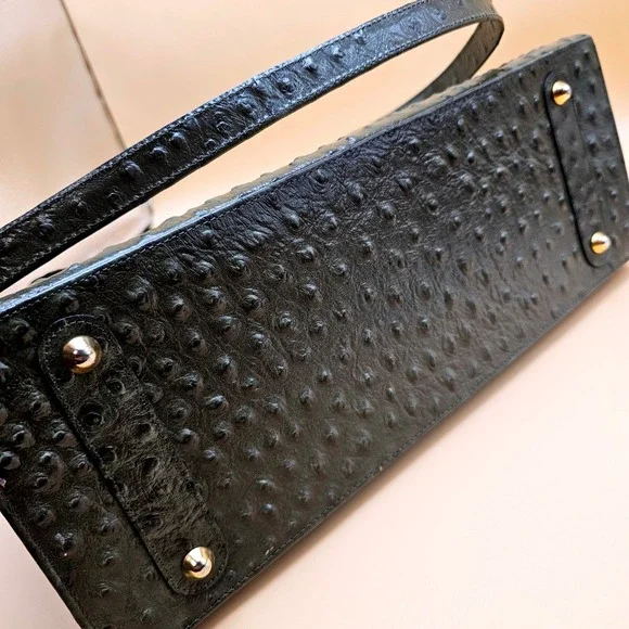 Andalossi Ostrich Embossed Leather Satchel Handbag With Lock‎ Charm and Dust Bag